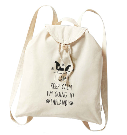 I can't keep calm I'm going to Lapland organic cotton backpack tote with wooden buttons in natural