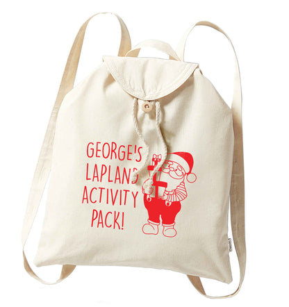 Custom Lapland activity pack organic cotton backpack tote with wooden buttons in natural