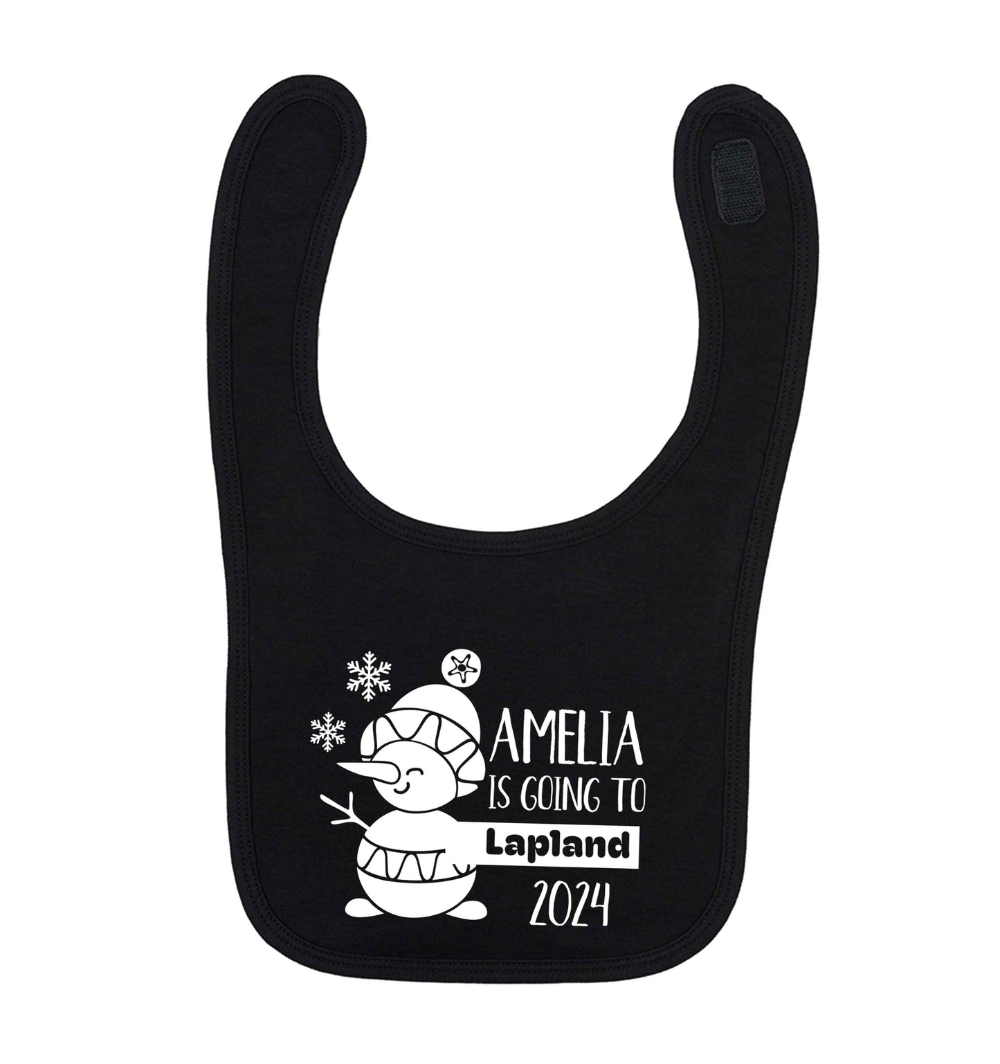 Any name here - is going to Lapland personalised black baby bib