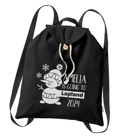 Any name here - is going to Lapland personalised organic cotton backpack tote with wooden buttons in black