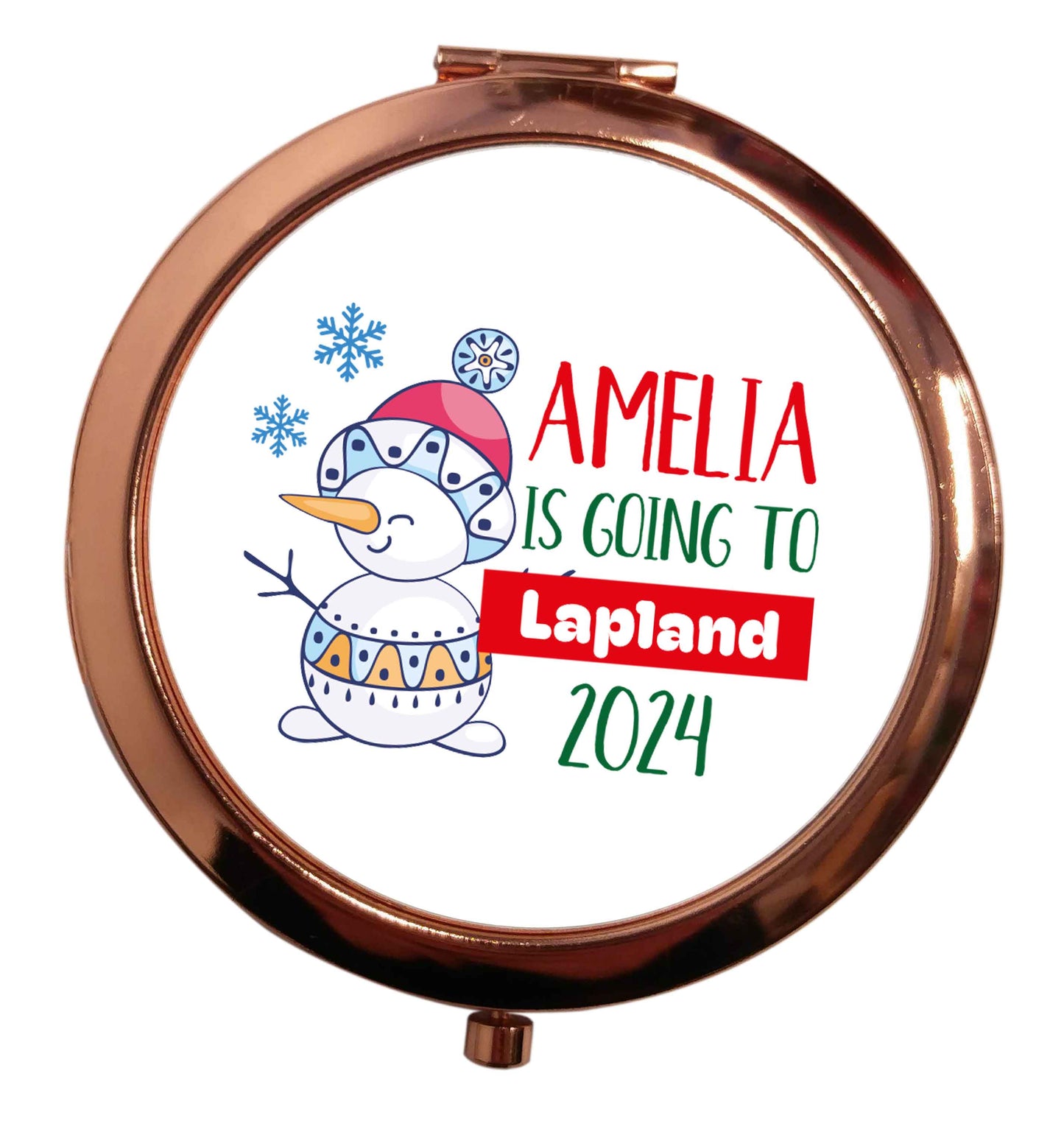 Any name here - is going to Lapland personalised rose gold circle pocket mirror