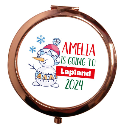 Any name here - is going to Lapland personalised rose gold circle pocket mirror