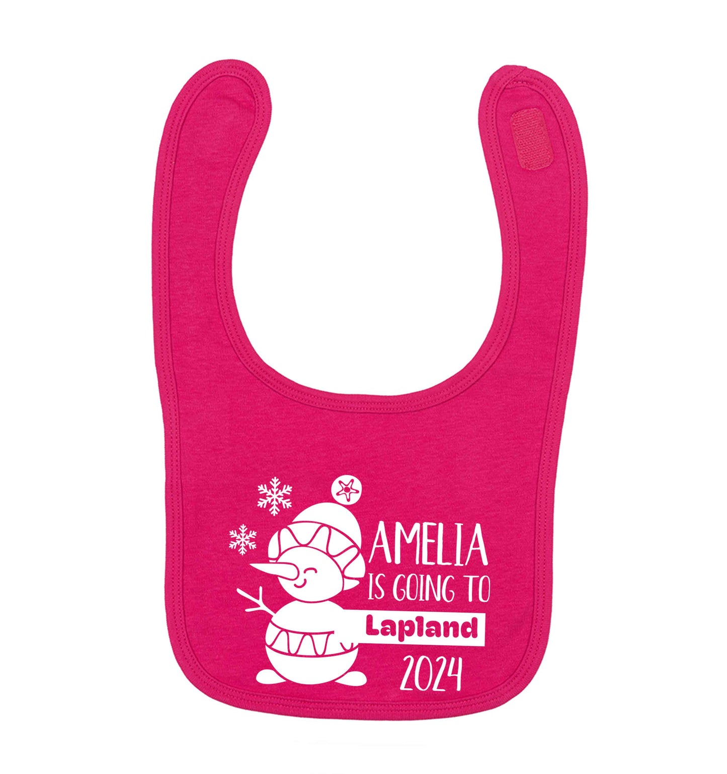 Any name here - is going to Lapland personalised dark pink baby bib