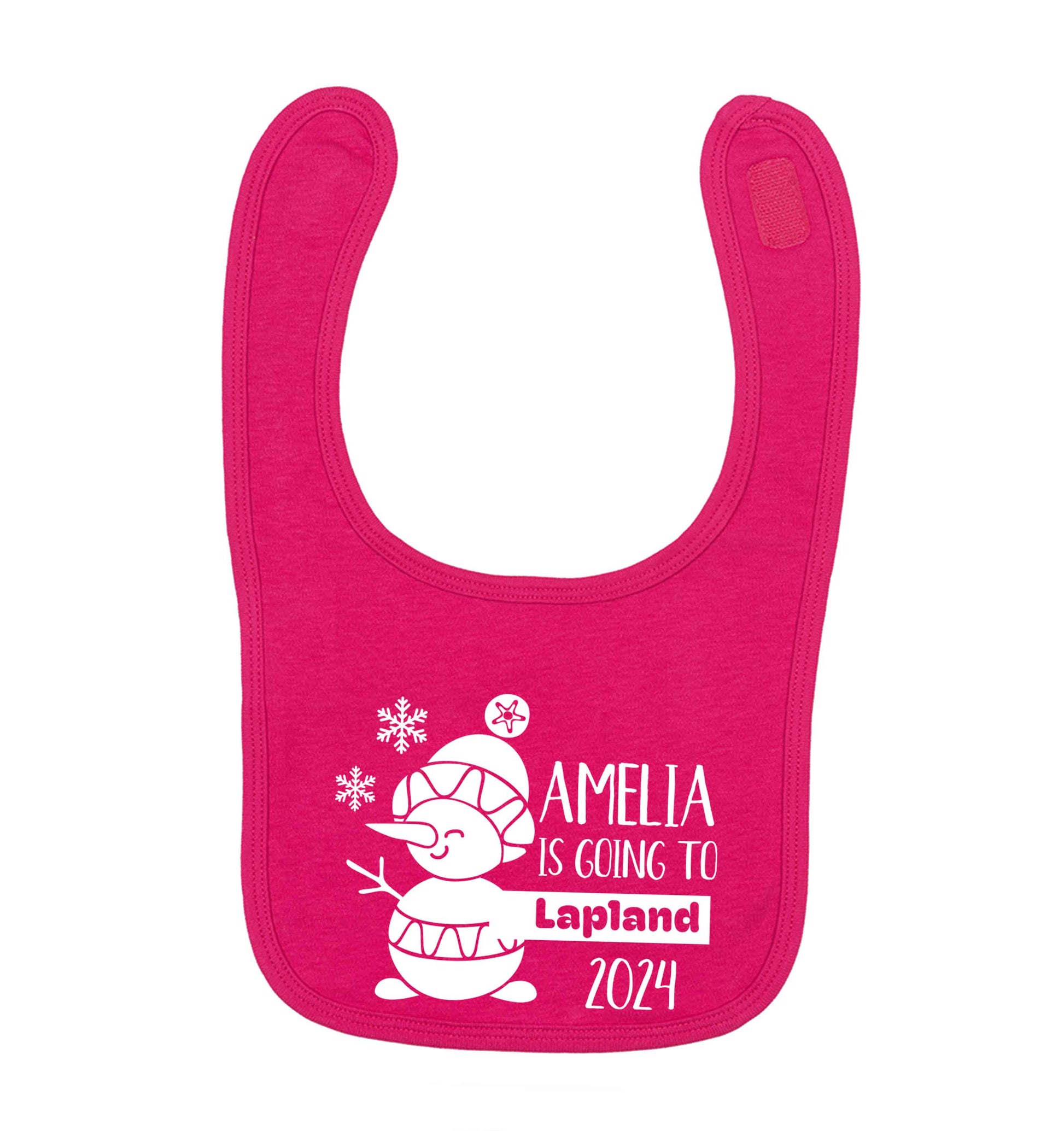 Any name here - is going to Lapland personalised dark pink baby bib