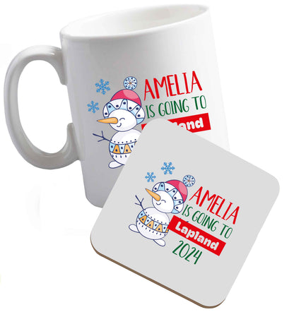 10 oz Any name here - is going to Lapland personalised ceramic mug and coaster set right handed