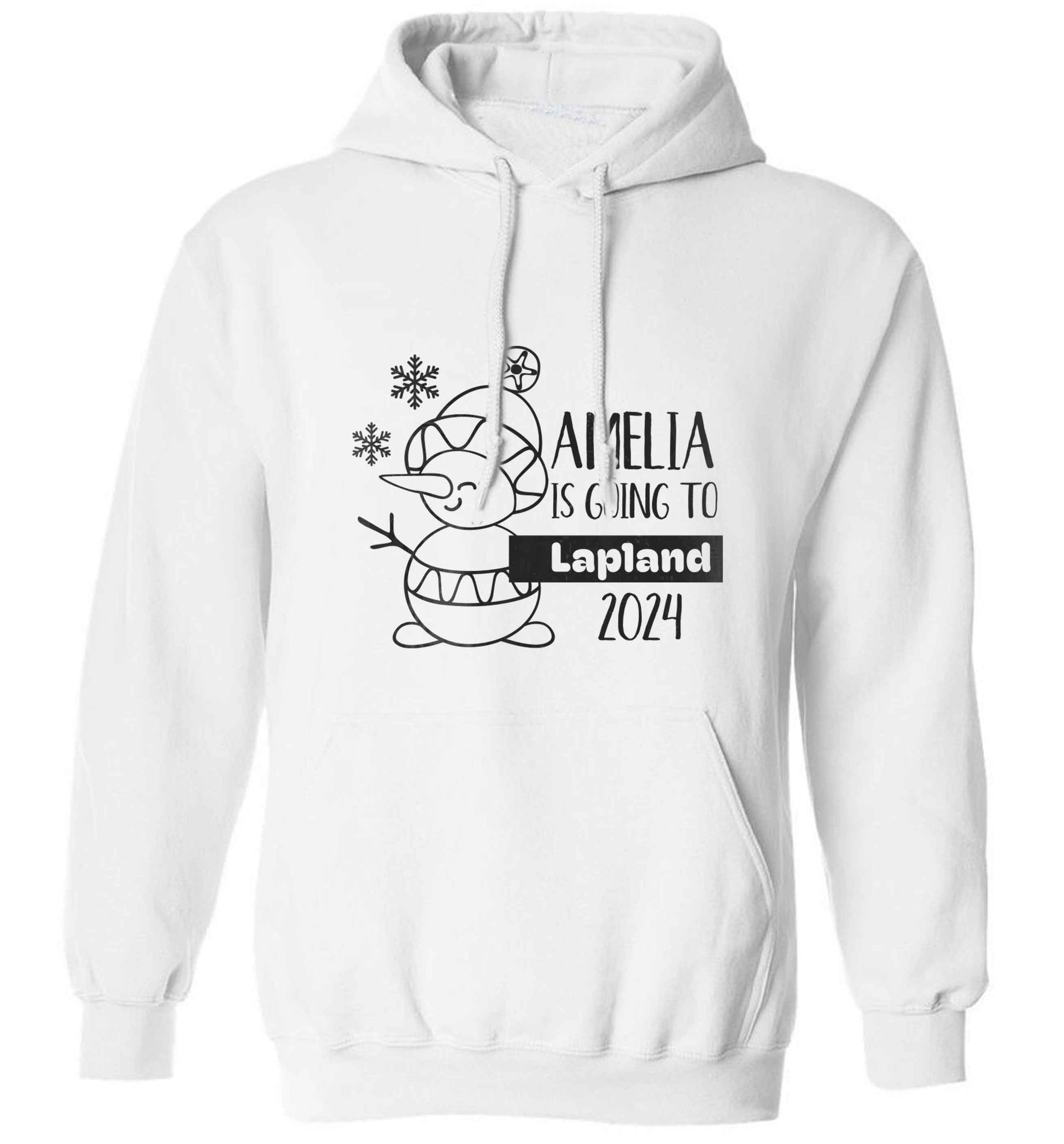 Any name here - is going to Lapland personalised adults unisex white hoodie 2XL