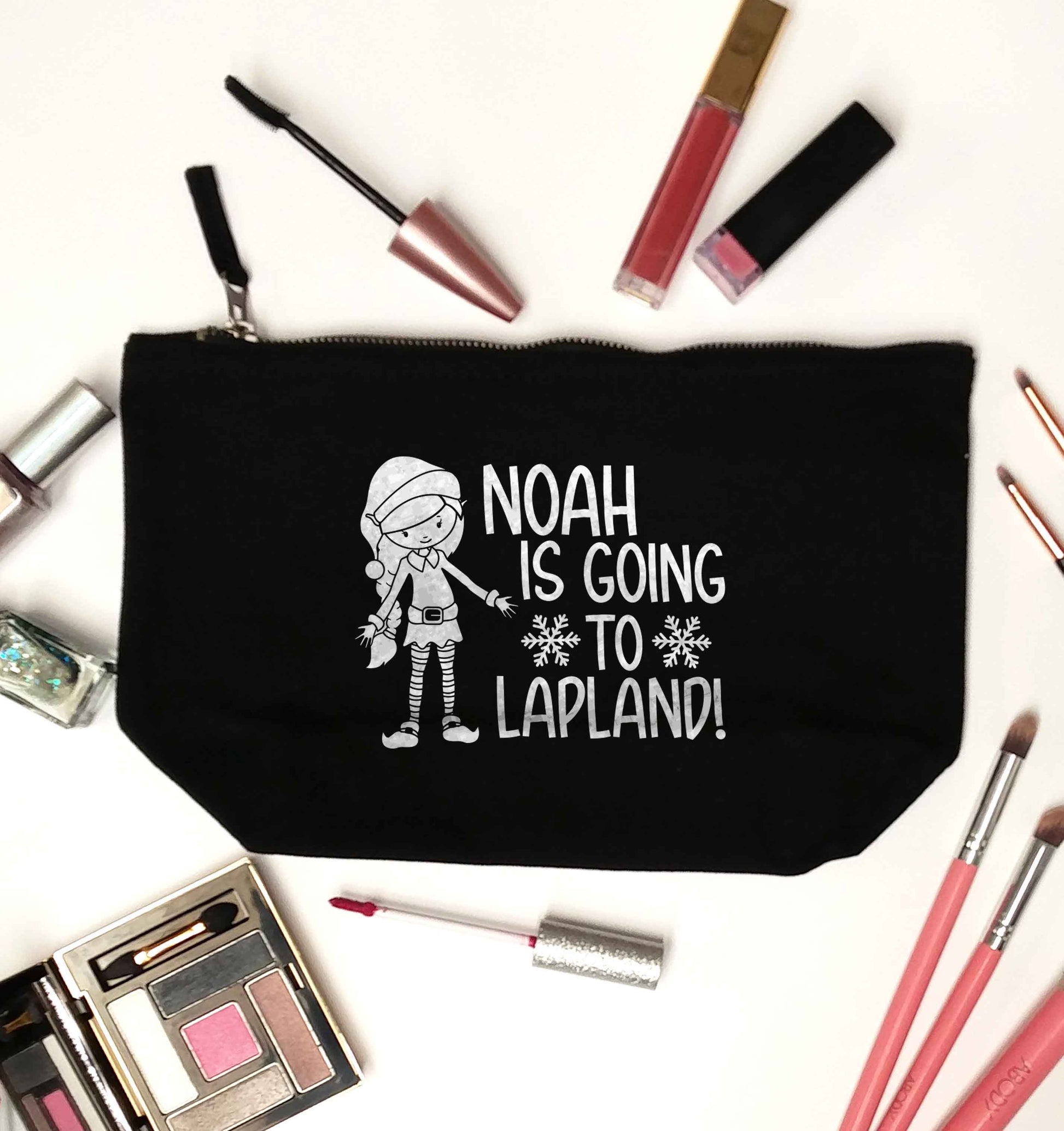 Any name here - is going to Lapland personalised elf black makeup bag