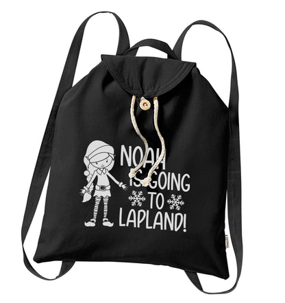 Any name here - is going to Lapland personalised elf organic cotton backpack tote with wooden buttons in black