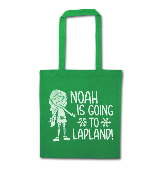 Any name here - is going to Lapland personalised elf green tote bag