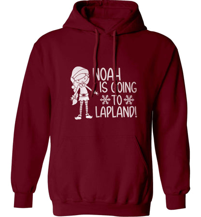 Any name here - is going to Lapland personalised elf adults unisex maroon hoodie 2XL