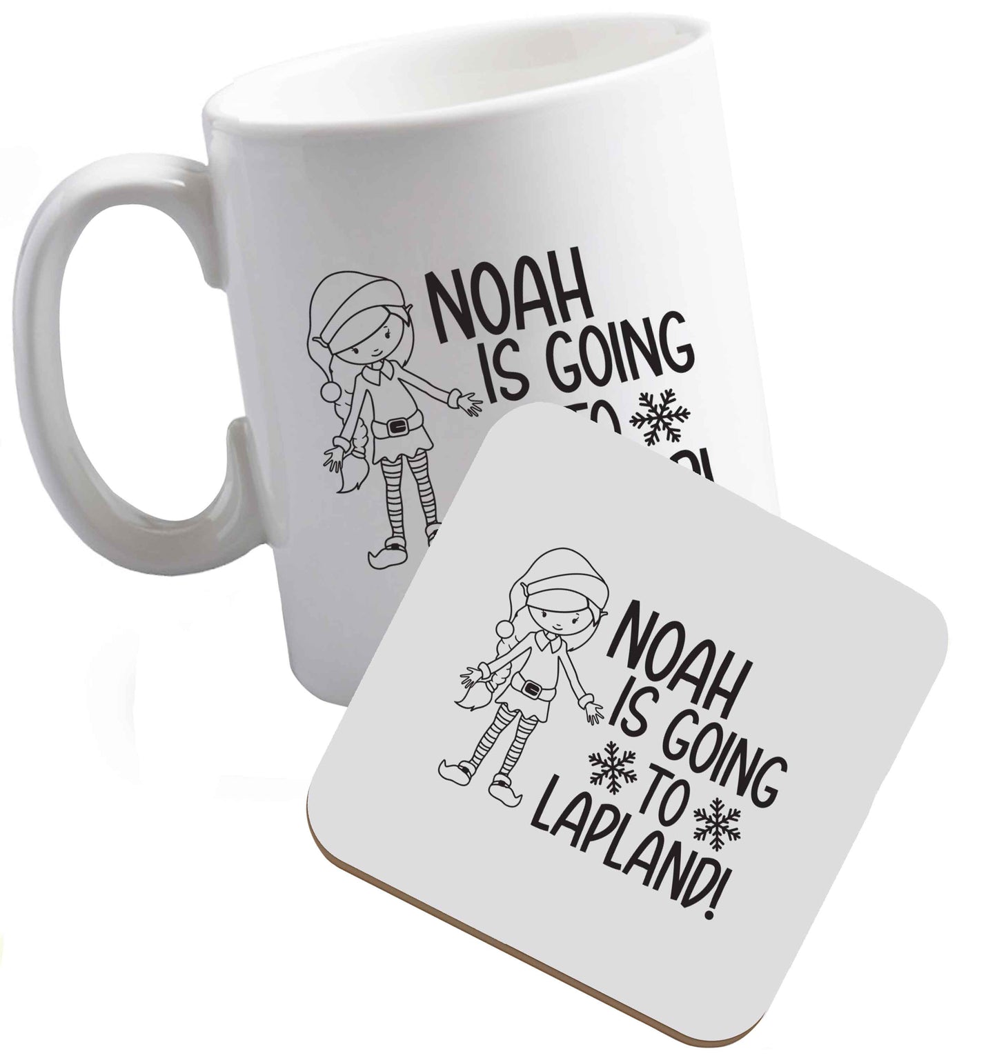 10 oz Any name here - is going to Lapland personalised elf ceramic mug and coaster set right handed