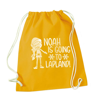 Any name here - is going to Lapland personalised elf mustard drawstring bag