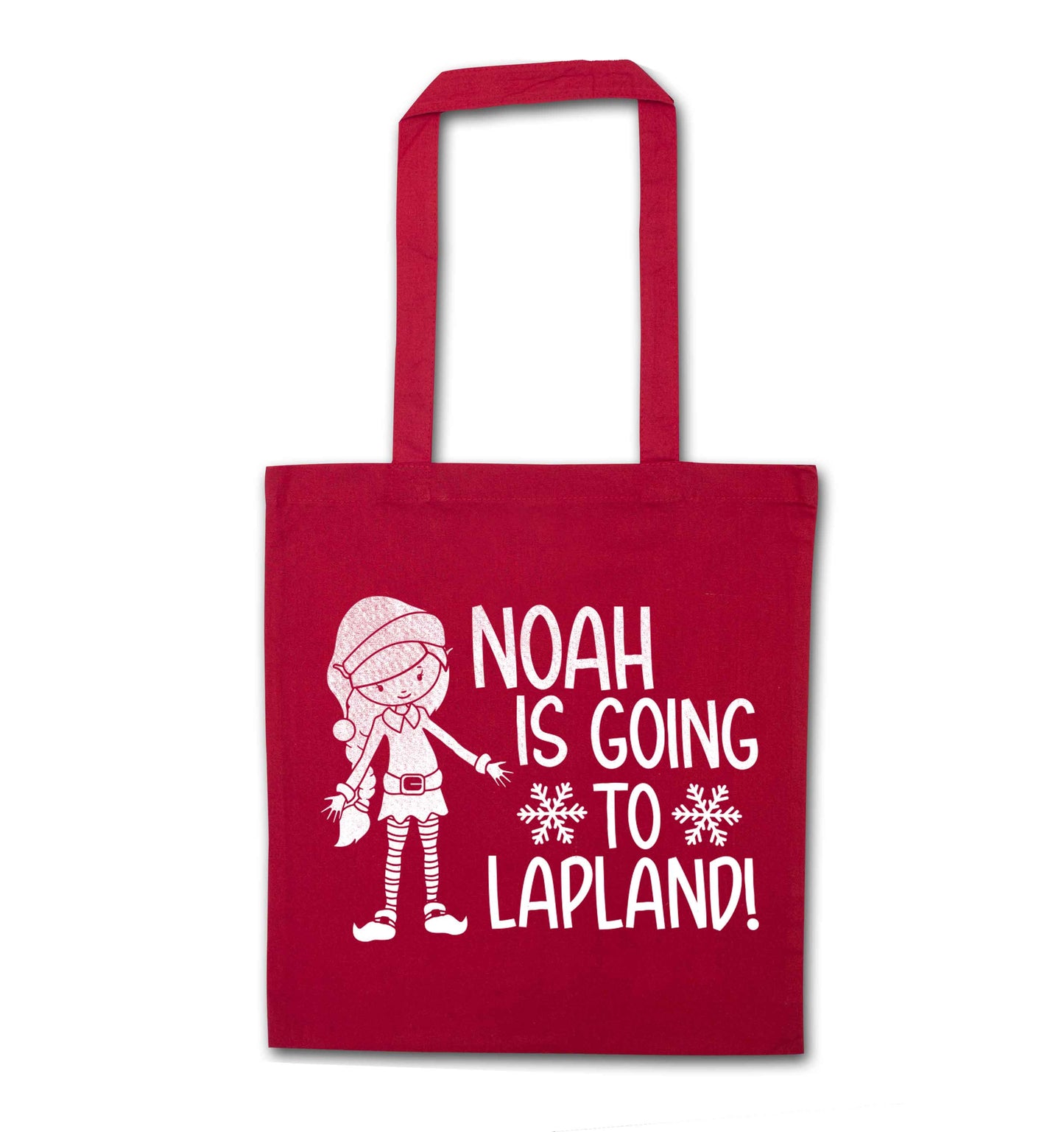 Any name here - is going to Lapland personalised elf red tote bag