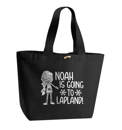 Any name here - is going to Lapland personalised elf organic cotton premium tote bag with wooden toggle in black