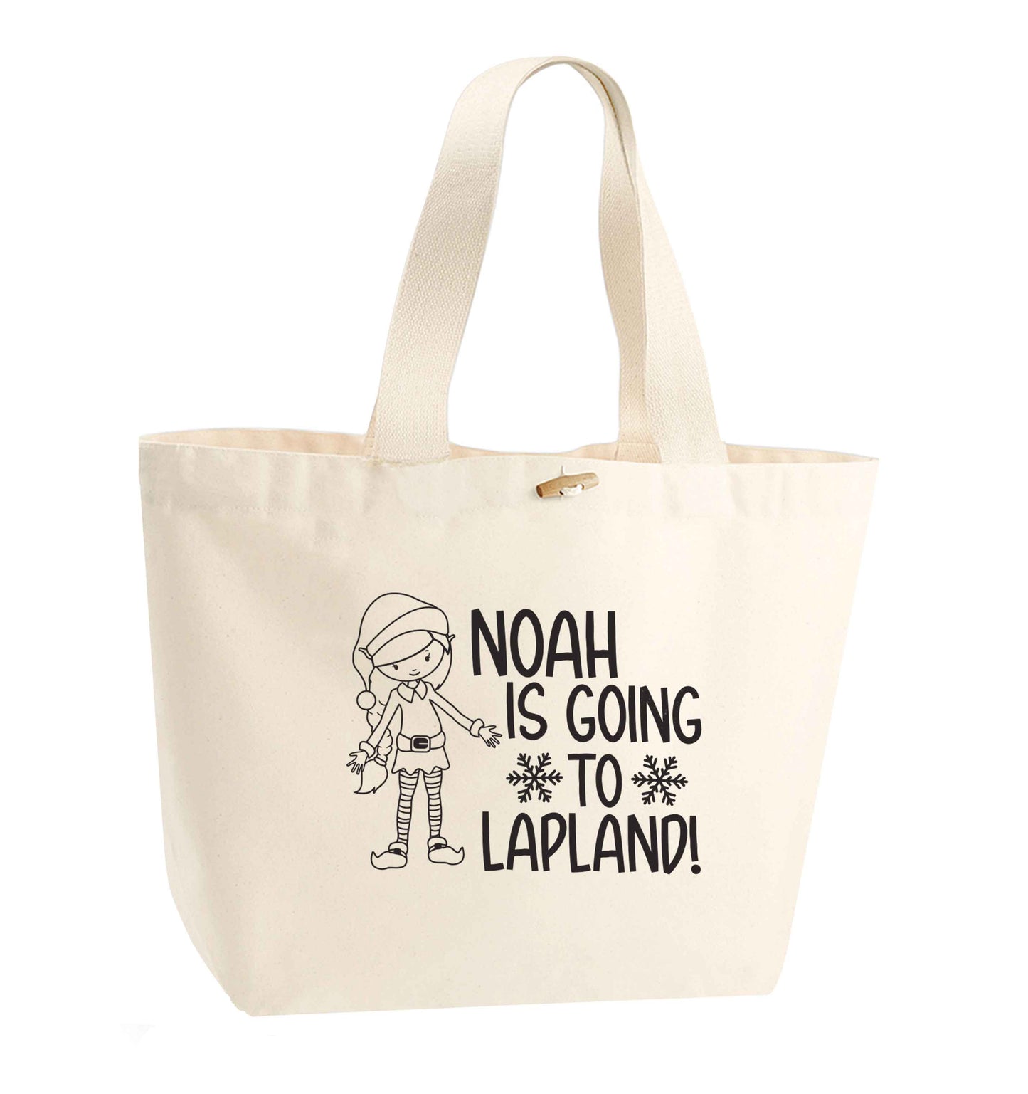 Any name here - is going to Lapland personalised elf organic cotton premium tote bag with wooden toggle in natural