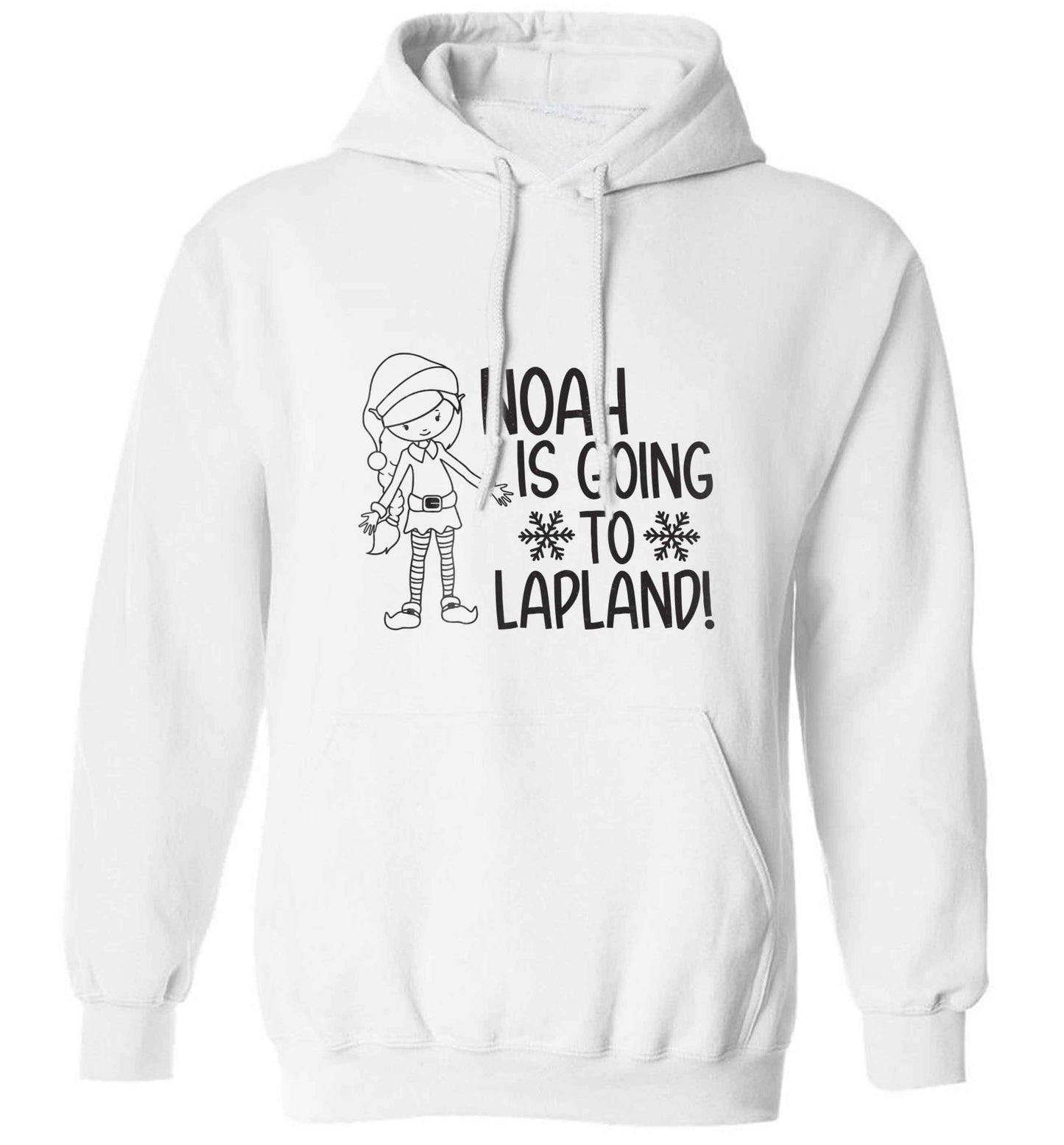 Any name here - is going to Lapland personalised elf adults unisex white hoodie 2XL