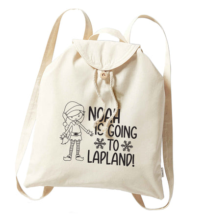 Any name here - is going to Lapland personalised elf organic cotton backpack tote with wooden buttons in natural