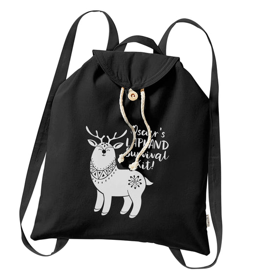 Personalised Lapland Survival Kit organic cotton backpack tote with wooden buttons in black