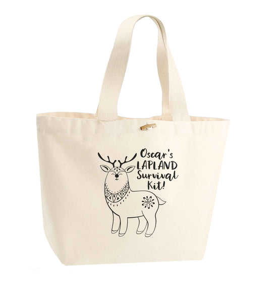 Personalised Lapland Survival Kit organic cotton premium tote bag with wooden toggle in natural