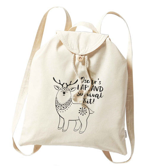 Personalised Lapland Survival Kit organic cotton backpack tote with wooden buttons in natural