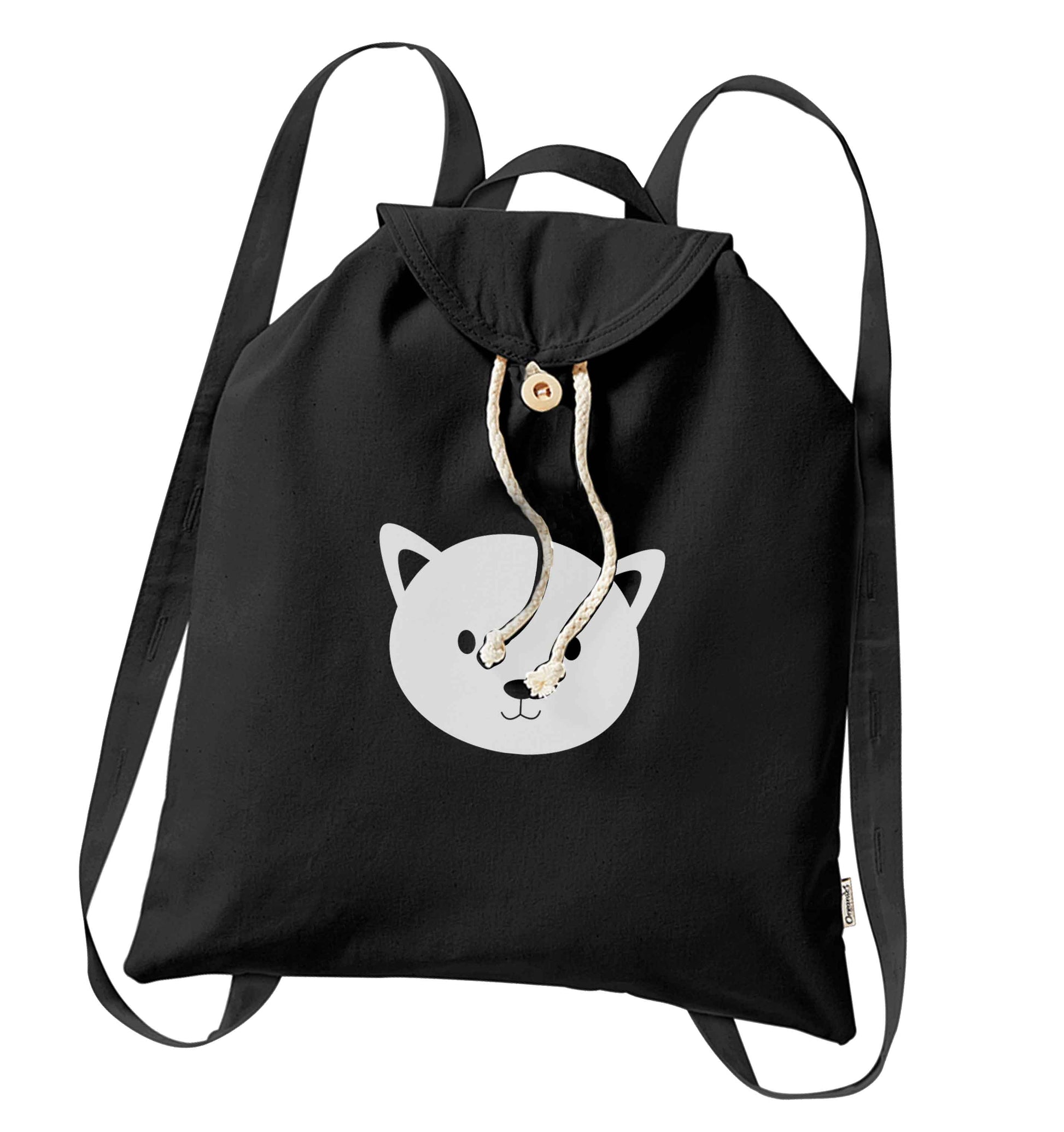 Cat face only Kit organic cotton backpack tote with wooden buttons in black