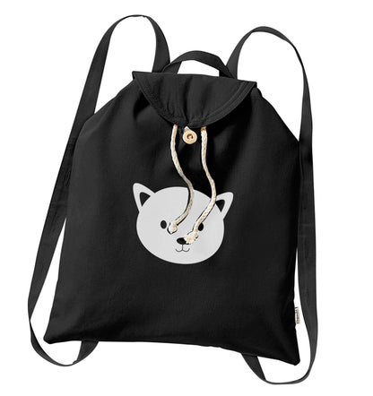 Cat face only Kit organic cotton backpack tote with wooden buttons in black