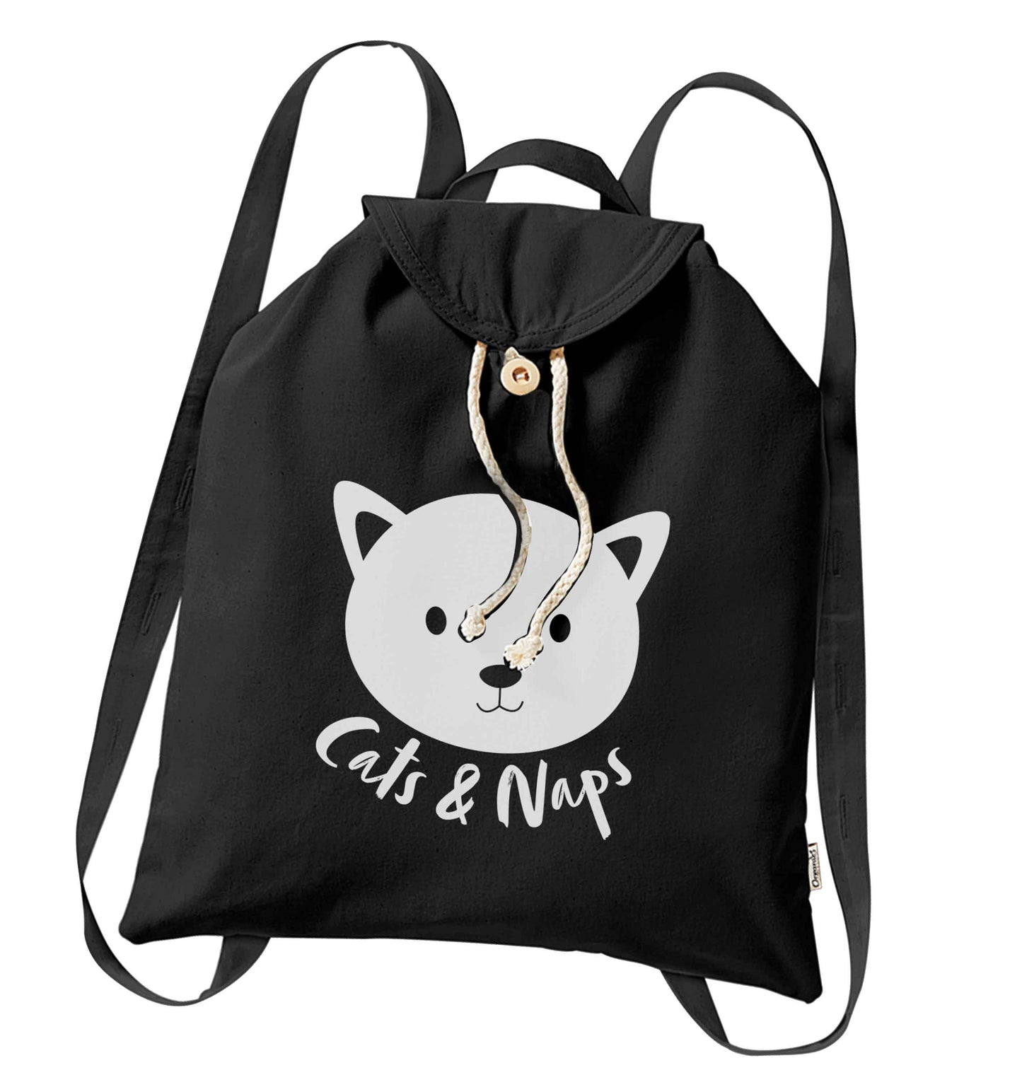 Cats and naps Kit organic cotton backpack tote with wooden buttons in black