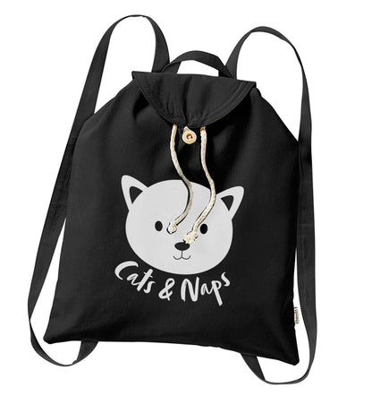 Cats and naps Kit organic cotton backpack tote with wooden buttons in black