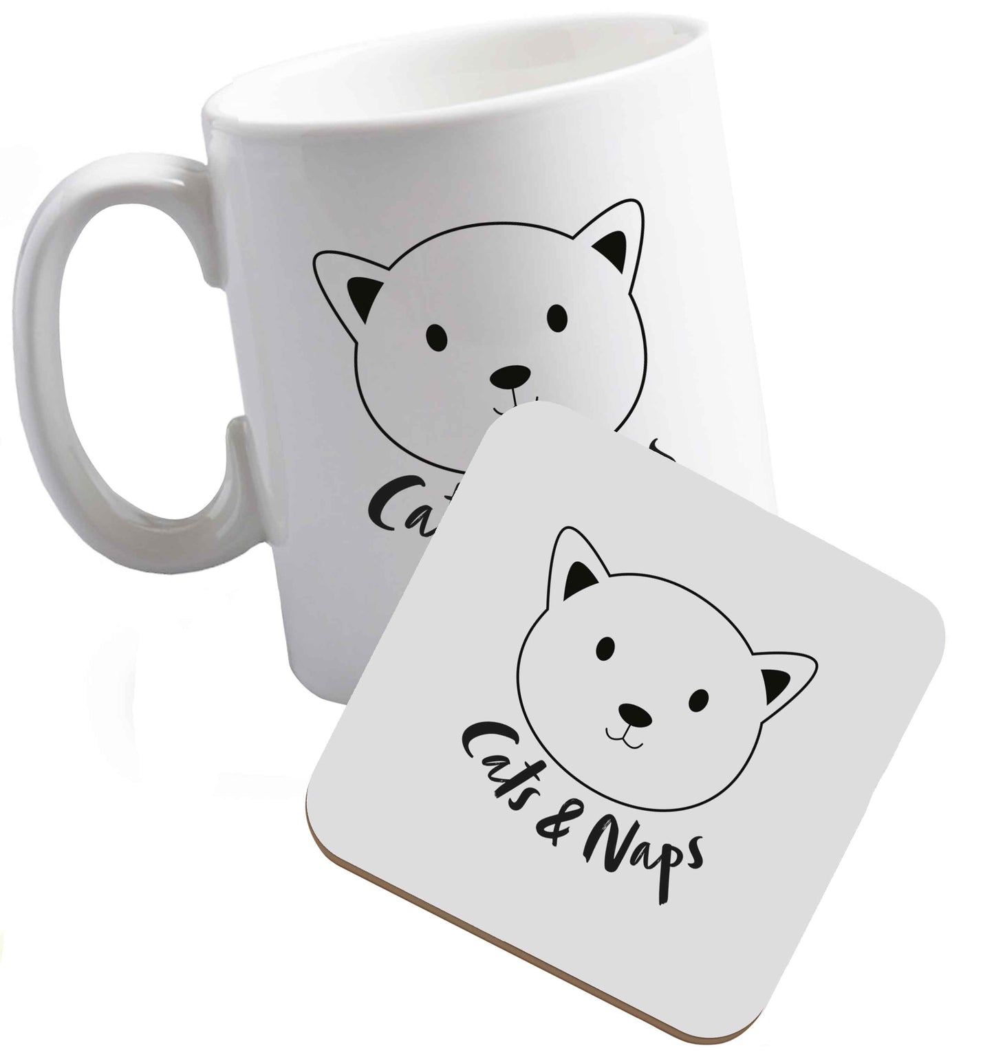 10 oz Cats and naps Kit ceramic mug and coaster set right handed