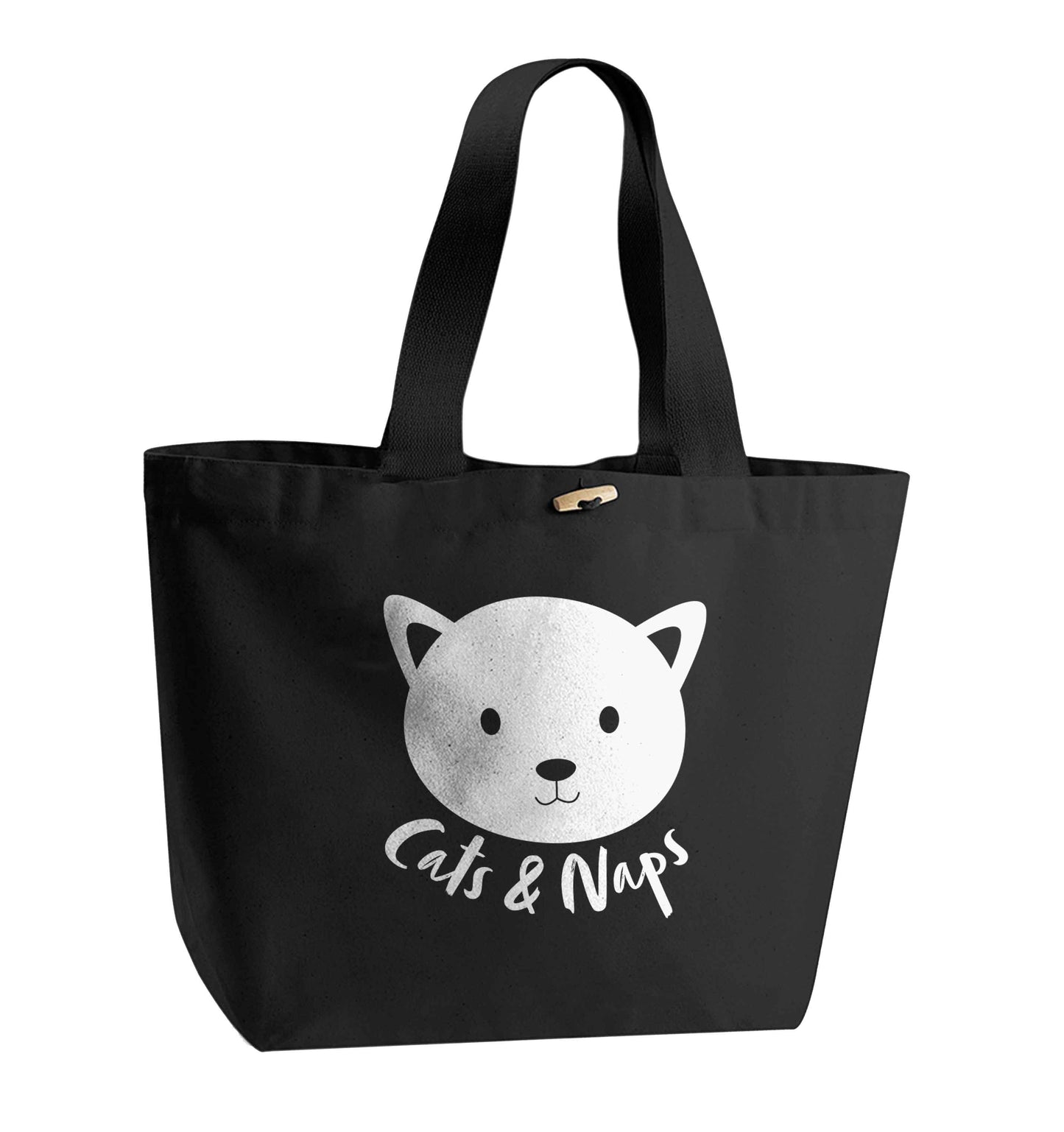 Cats and naps Kit organic cotton premium tote bag with wooden toggle in black