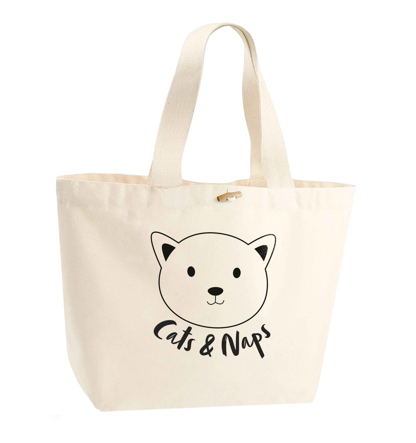 Cats and naps Kit organic cotton premium tote bag with wooden toggle in natural