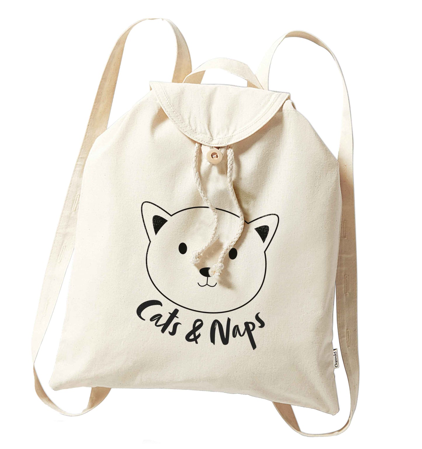 Cats and naps Kit organic cotton backpack tote with wooden buttons in natural