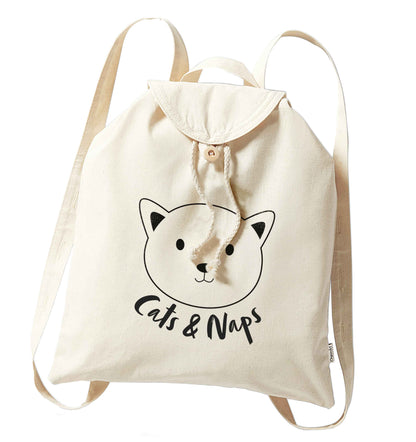 Cats and naps Kit organic cotton backpack tote with wooden buttons in natural