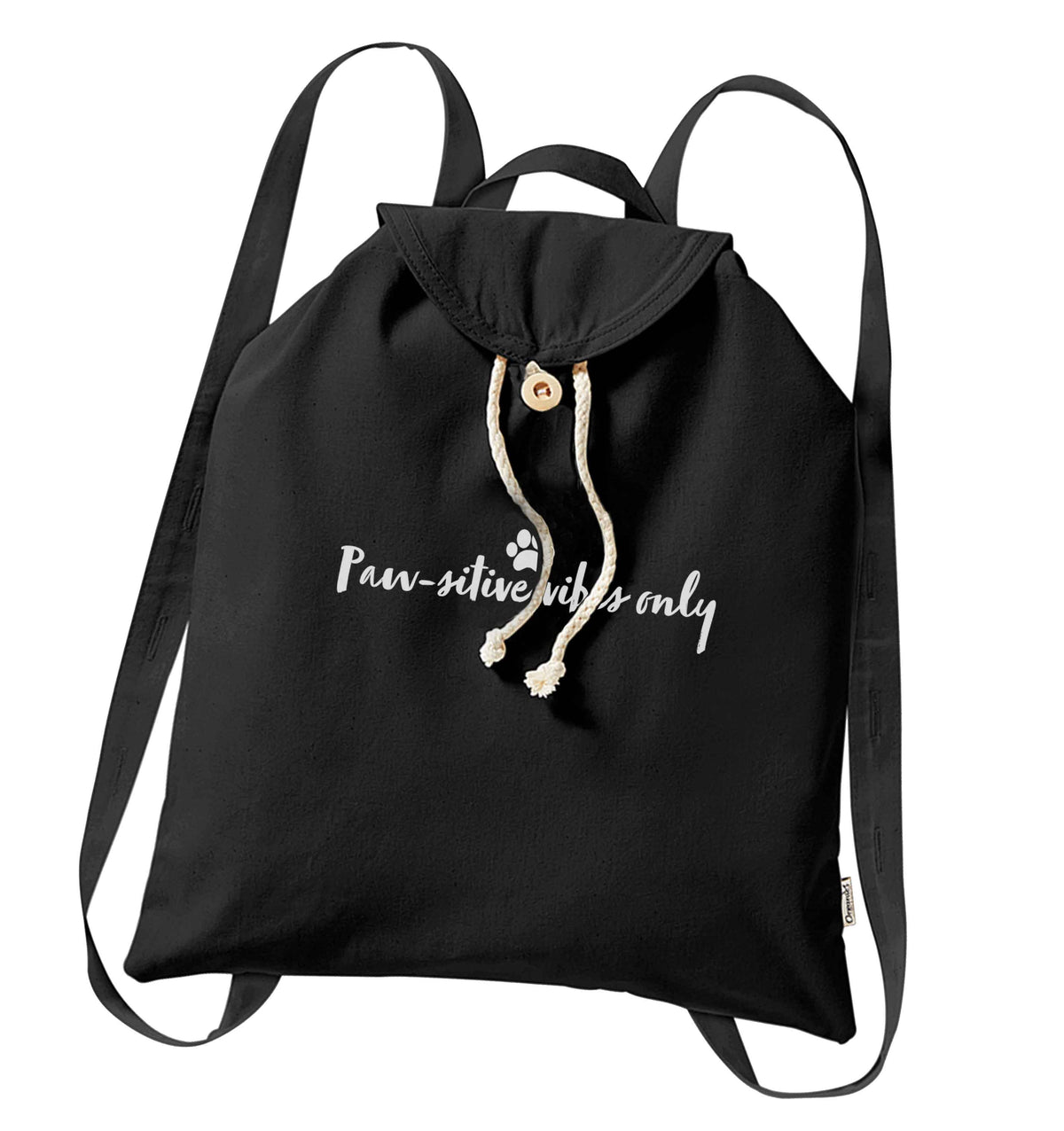 Pawsitive vibes only Kit organic cotton backpack tote with wooden buttons in black