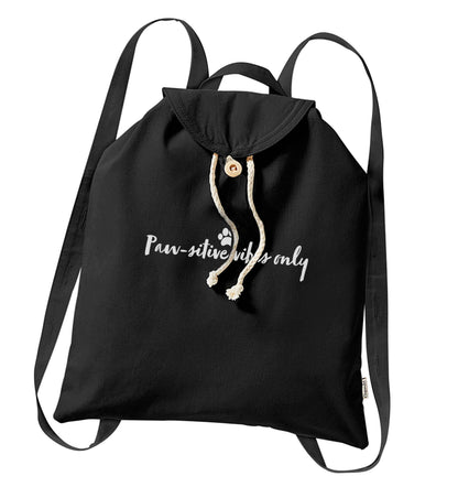 Pawsitive vibes only Kit organic cotton backpack tote with wooden buttons in black