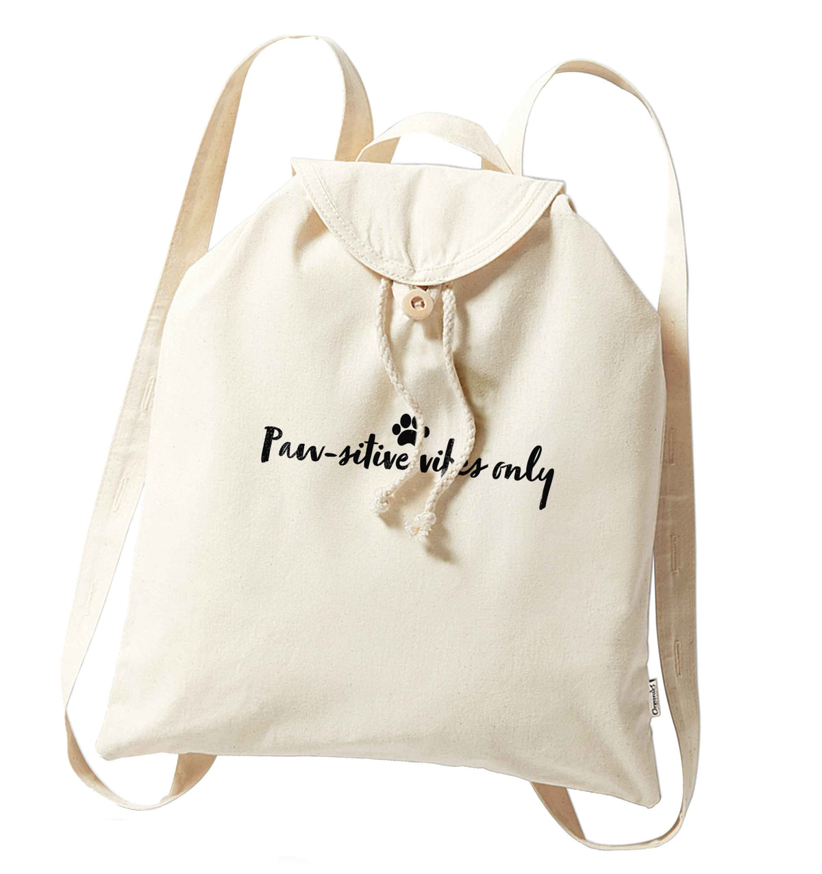 Pawsitive vibes only Kit organic cotton backpack tote with wooden buttons in natural