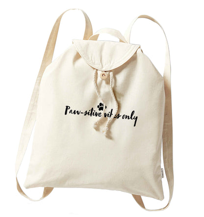 Pawsitive vibes only Kit organic cotton backpack tote with wooden buttons in natural