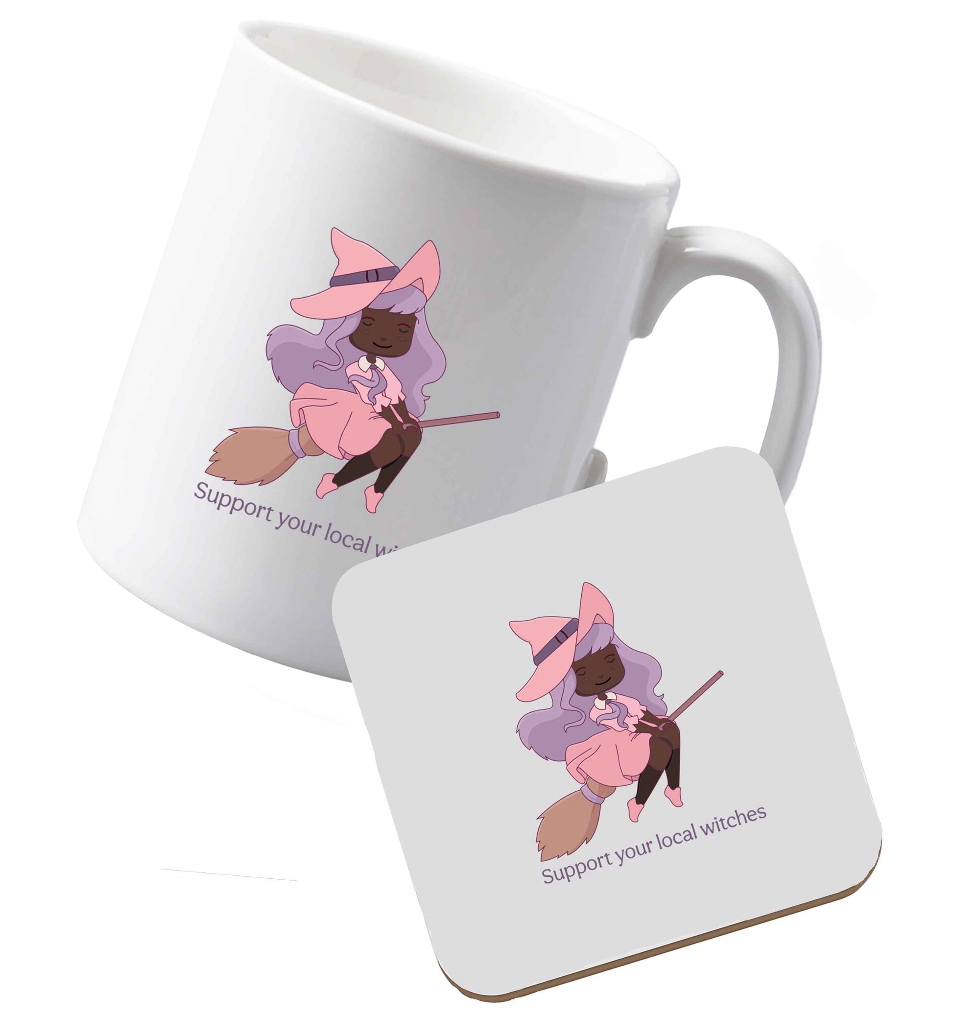 10 oz Ceramic mug and coaster Support your local witches Kit both sides