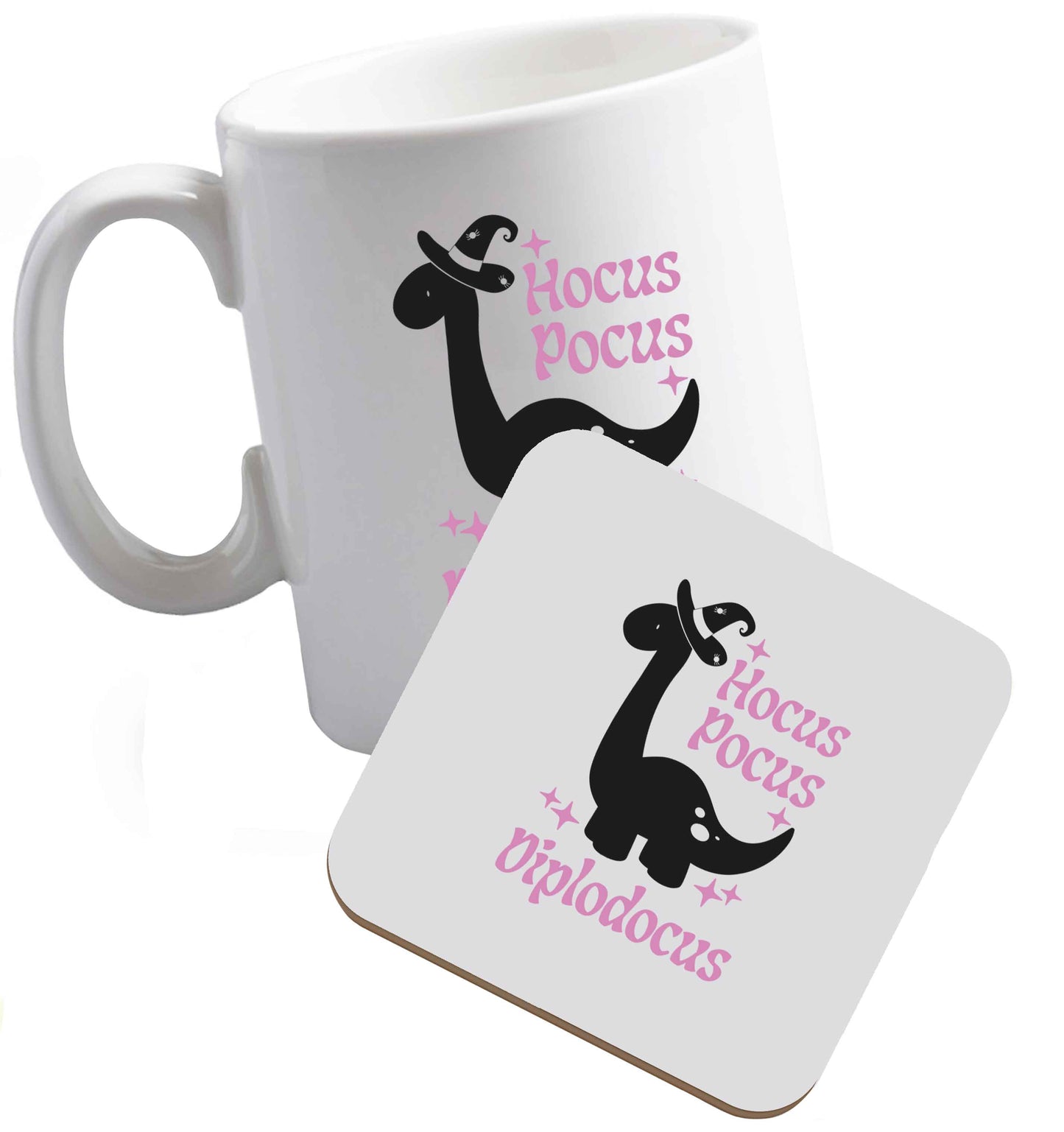 10 oz Hocus pocus diplodocus Kit ceramic mug and coaster set right handed