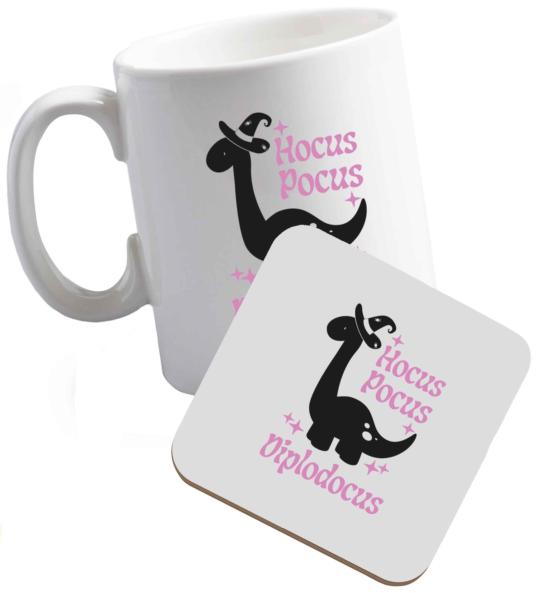 10 oz Hocus pocus diplodocus Kit ceramic mug and coaster set right handed