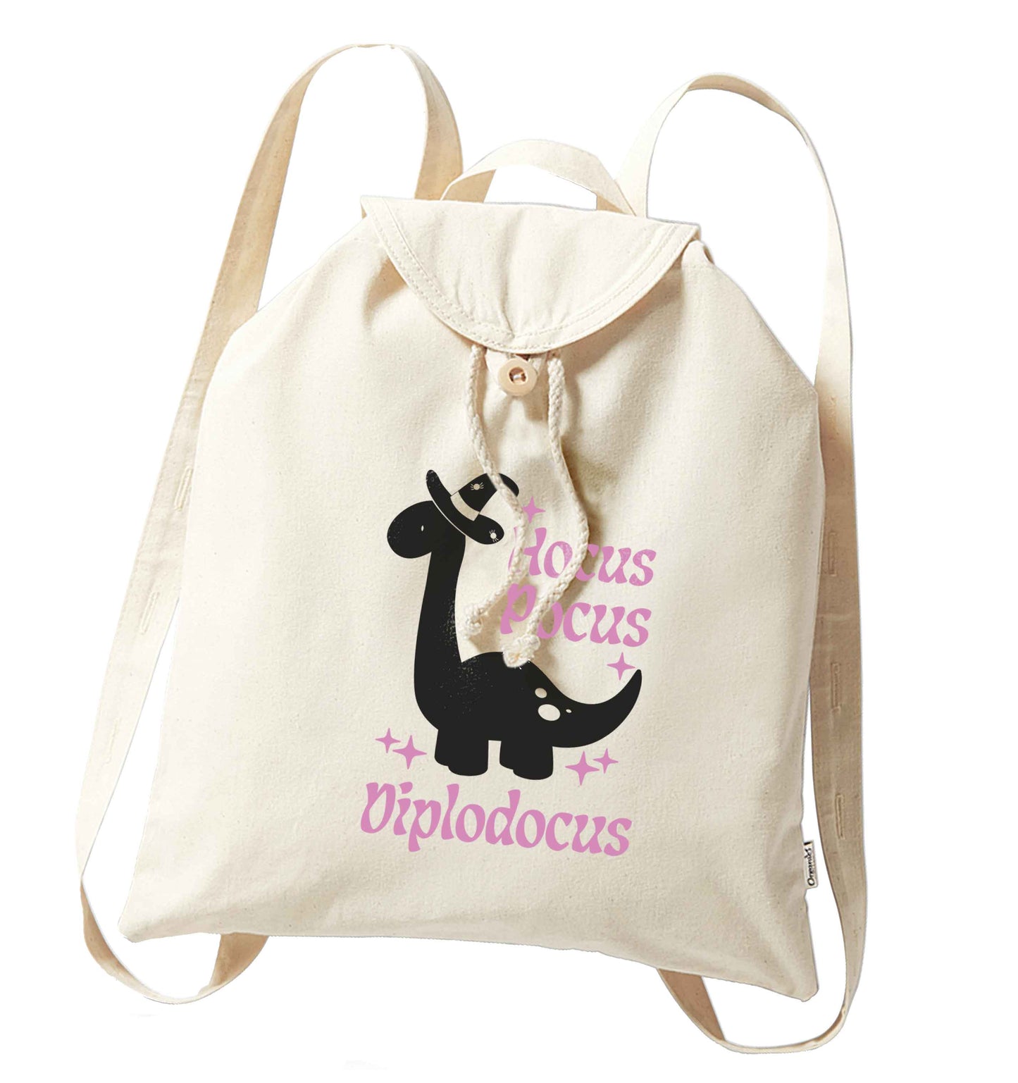 Hocus pocus diplodocus Kit organic cotton backpack tote with wooden buttons in natural