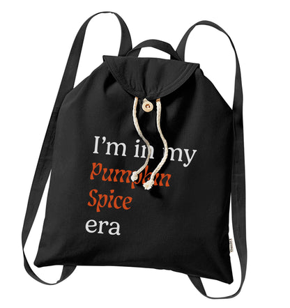 I'm in my pumpkin spice era Kit organic cotton backpack tote with wooden buttons in black