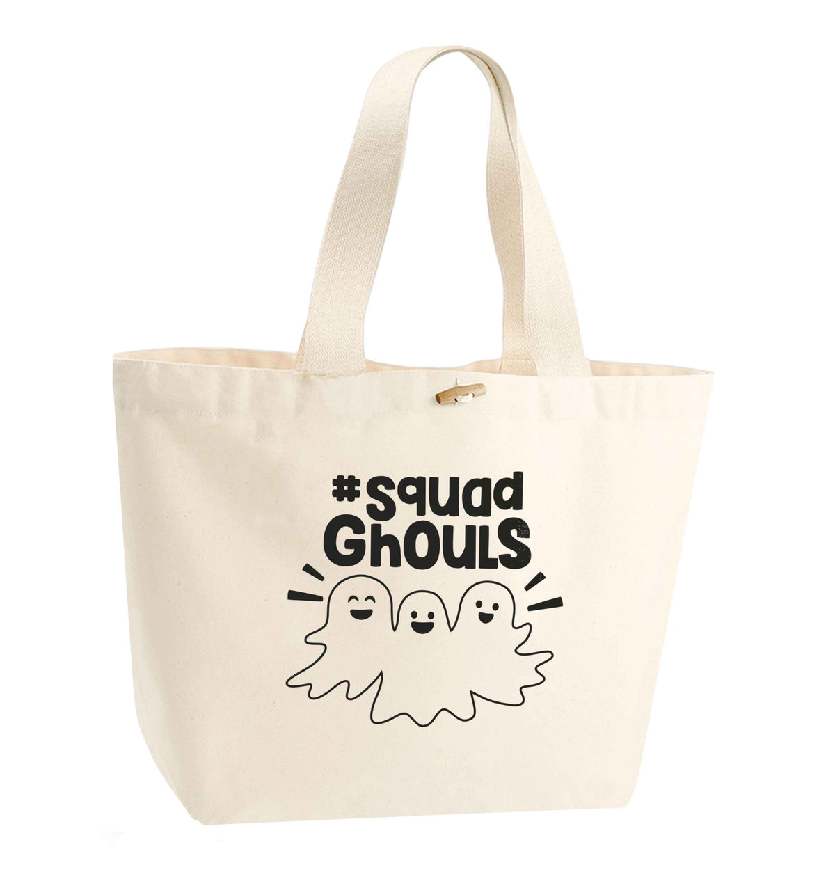 Squad ghouls Kit organic cotton premium tote bag with wooden toggle in natural
