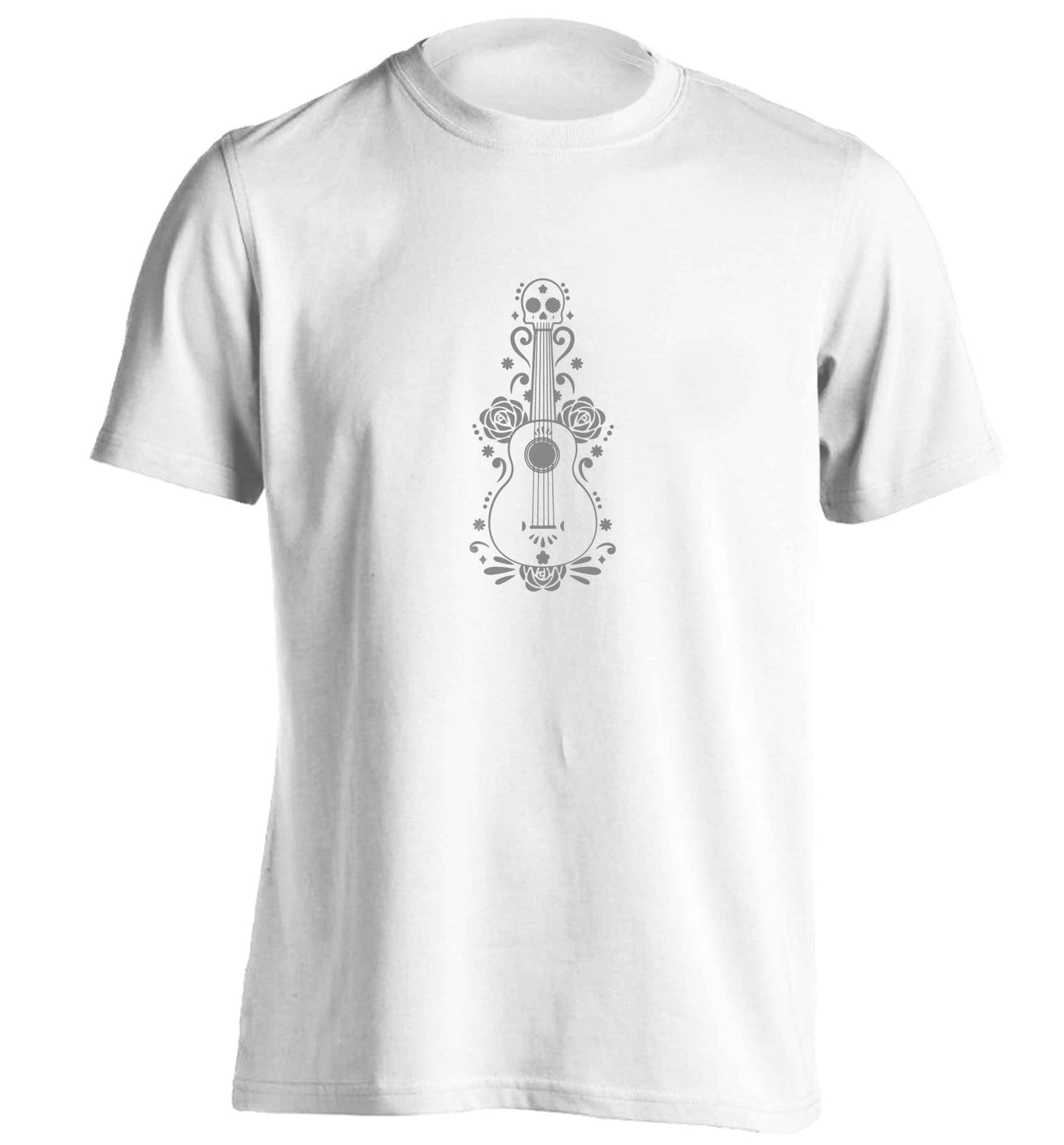 Guitar skull illustration adults unisex white Tshirt 2XL