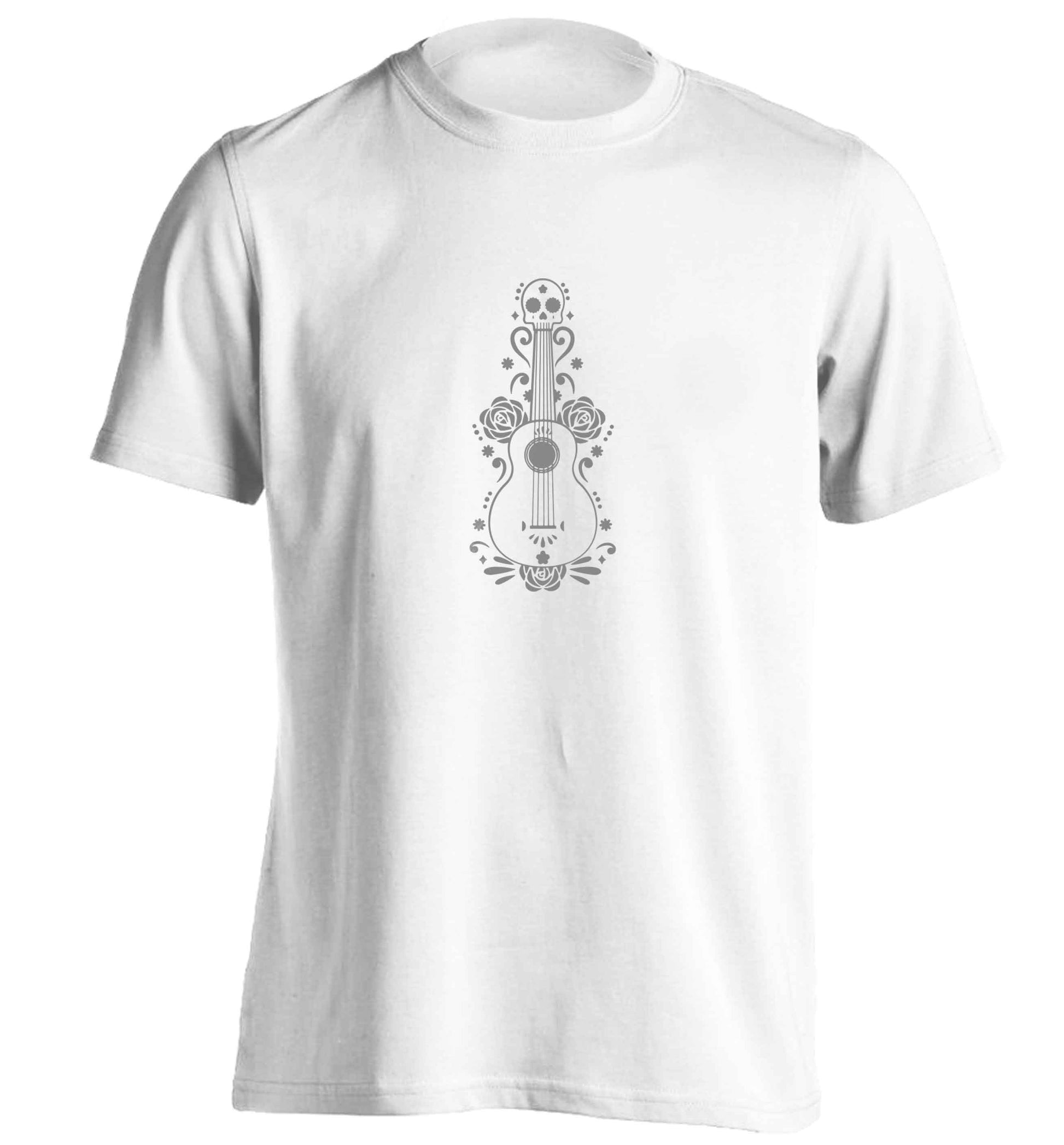 Guitar skull illustration adults unisex white Tshirt 2XL