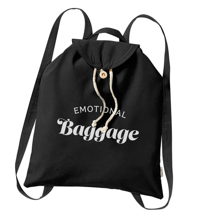 Emotional baggage organic cotton backpack tote with wooden buttons in black