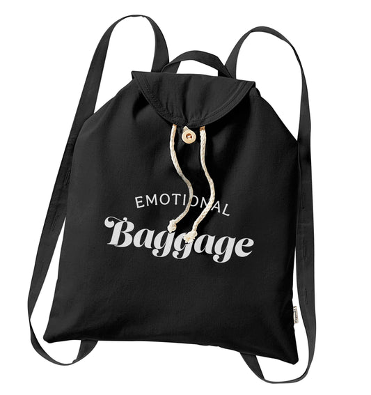 Emotional baggage organic cotton backpack tote with wooden buttons in black