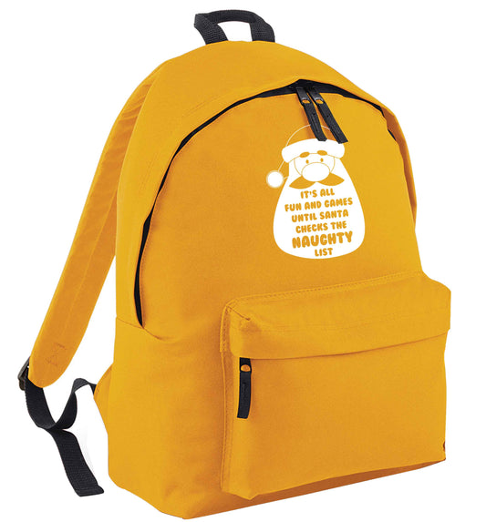 It's all fun and games until Santa checks the naughty list mustard adults backpack