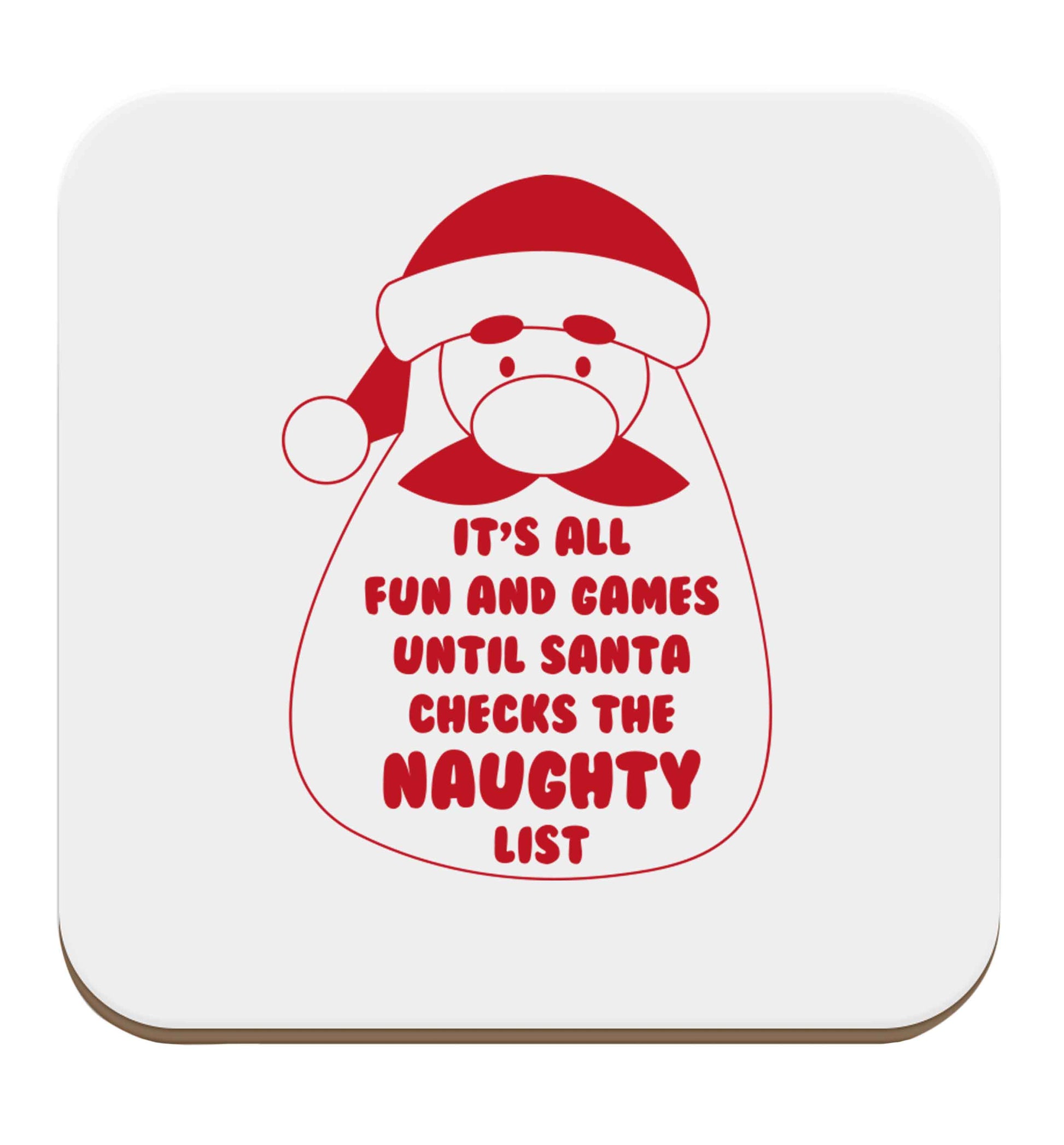 It's all fun and games until Santa checks the naughty list set of four coasters