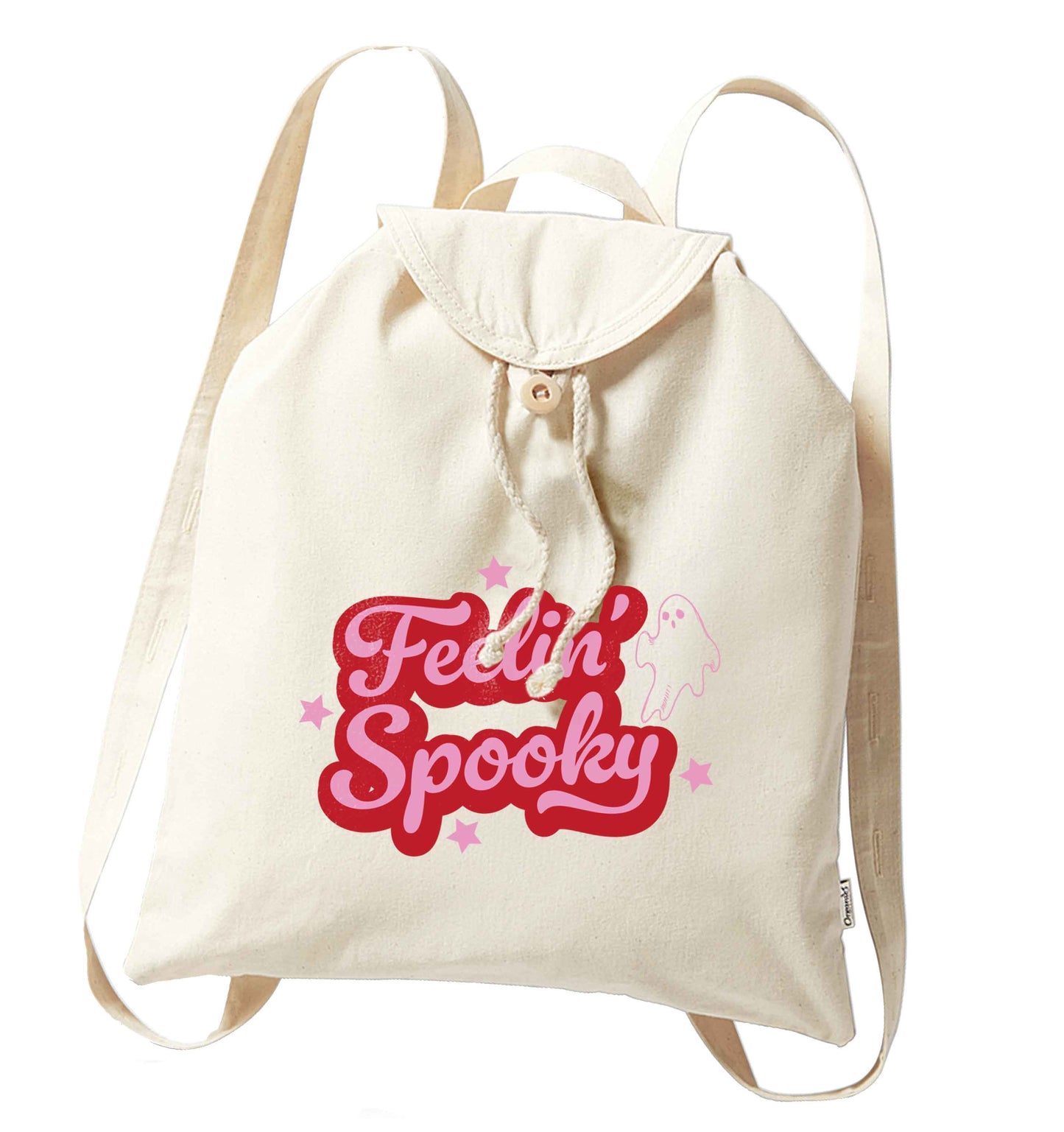 Feelin' Spooky Kit organic cotton backpack tote with wooden buttons in natural